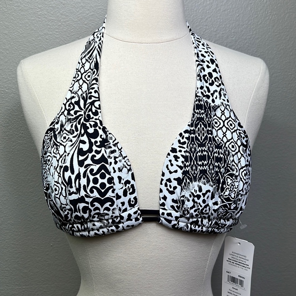 NWT Halter Bikini Top Sunsets California Beach Swim Black White Small